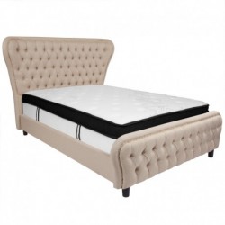 MFO Luna Full Size Bed in Beige Fabric and Gold Accent Nail Trim with Memory Foam Mattress