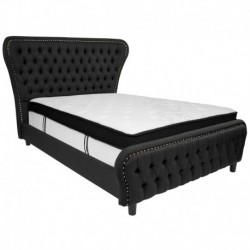 MFO Luna Full Size Bed in Black Fabric and Gold Accent Nail Trim with Memory Foam Mattress