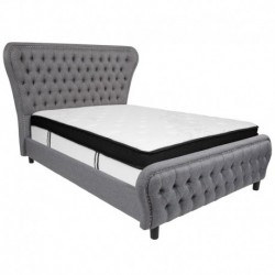MFO Luna Full Size Bed with in Light Gray Fabric & Silver Accent Nail Trim with Memory Foam Mattress