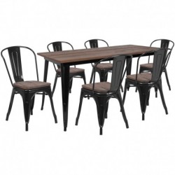 MFO 30.25" x 60" Black Metal Table Set with Wood Top and 6 Stack Chairs