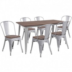 MFO 30.25" x 60" Silver Metal Table Set with Wood Top and 6 Stack Chairs