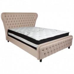 MFO Luna Collection Queen Size Bed in Beige Fabric & Gold Accent Nail Trim with Pocket Spring Mattress