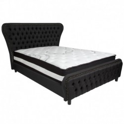 MFO Luna Collection Queen Size Bed in Black Fabric & Gold Accent Nail Trim with Pocket Spring Mattress