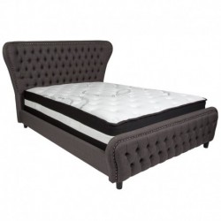 MFO Luna Queen Size Bed with in Dark Gray Fabric & Silver Accent Nail Trim with Pocket Spring Mattress
