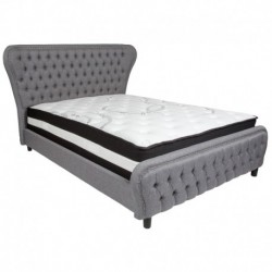 MFO Luna Queen Size Bed with in Light Gray Fabric & Silver Accent Nail Trim with Pocket Spring Mattress