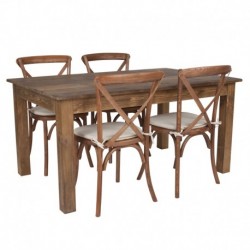 MFO 60" x 38" Antique Rustic Farm Table Set with 4 Cross Back Chairs and Cushions