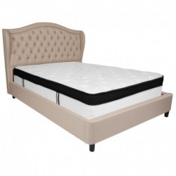 MFO Princeton Collection Queen Size Bed in Beige Fabric with Memory Foam Mattress