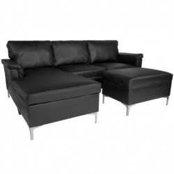 MFO Stanford Plush Pillow Back Sectional with Left Side Facing Chaise & Ottoman Set in Black Leather