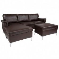 MFO Stanford Plush Pillow Back Sectional with Left Side Facing Chaise & Ottoman Set in Brown Leather