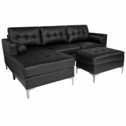 MFO Oxford Tufted Back Sectional, Left Facing Chaise, Bolster Pillows & Ottoman Set in Black Leather