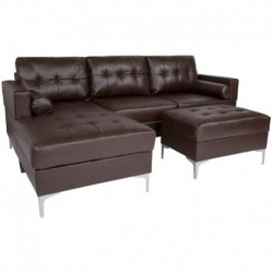 MFO Oxford Tufted Back Sectional, Left Facing Chaise, Bolster Pillows & Ottoman Set in Brown Leather