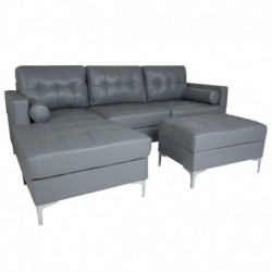 MFO Oxford Tufted Back Sectional, Left Facing Chaise, Bolster Pillows & Ottoman Set in Gray Leather
