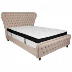 MFO Luna Collection Queen Size Bed in Beige Fabric & Gold Accent Nail Trim with Memory Foam Mattress