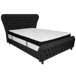 MFO Luna Collection Queen Size Bed in Black Fabric & Gold Accent Nail Trim with Memory Foam Mattress
