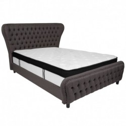 MFO Luna Queen Size Bed with in Dark Gray Fabric & Silver Accent Nail Trim with Memory Foam Mattress