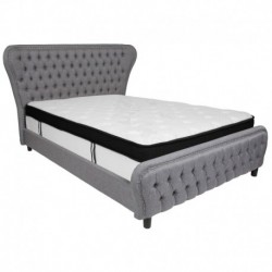MFO Luna Queen Size Bed with in Light Gray Fabric & Silver Accent Nail Trim with Memory Foam Mattress