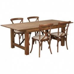 MFO Princeton 7' x 40'' Antique Rustic Folding Farm Table Set with 4 Cross Back Chairs & Cushions