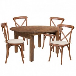 MFO Princeton 60" Round Solid Pine Folding Farm Dining Table Set with 4 Cross Back Chairs & Cushions