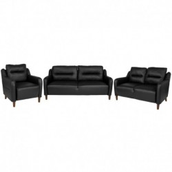 MFO Stanford Collection Bustle Back Chair, Loveseat and Sofa Set in Black Leather