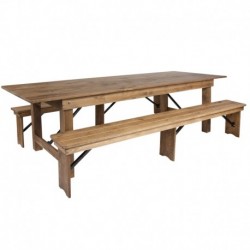 MFO Princeton Collection 9' x 40'' Antique Rustic Folding Farm Table and Two Bench Set
