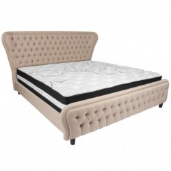 MFO Luna Collection King Size Bed in Beige Fabric & Gold Accent Nail Trim with Pocket Spring Mattress