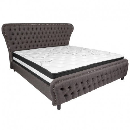 MFO Luna King Size Bed with in Dark Gray Fabric & Silver Accent Nail Trim with Pocket Spring Mattress