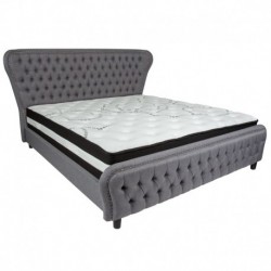 MFO Luna King Size Bed with in Light Gray Fabric & Silver Accent Nail Trim with Pocket Spring Mattress