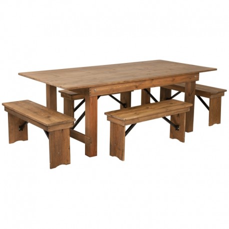 MFO Princeton Collection 7' x 40'' Antique Rustic Folding Farm Table and Four Bench Set
