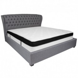 MFO Princeton Collection King Size Bed in Light Gray Fabric with Memory Foam Mattress