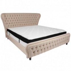 MFO Luna King Size Bed in Beige Fabric and Gold Accent Nail Trim with Memory Foam Mattress