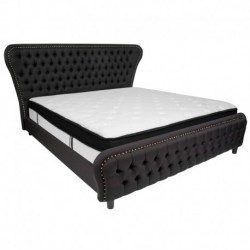 MFO Luna King Size Bed in Black Fabric and Gold Accent Nail Trim with Memory Foam Mattress