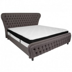 MFO Luna King Size Bed with in Dark Gray Fabric & Silver Accent Nail Trim with Memory Foam Mattress