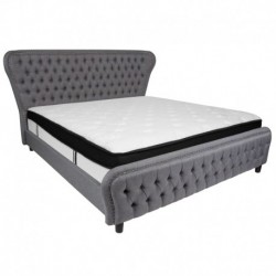 MFO Luna King Size Bed with in Light Gray Fabric & Silver Accent Nail Trim with Memory Foam Mattress