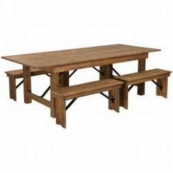 MFO Princeton Collection 8' x 40'' Antique Rustic Folding Farm Table and Four 40.25"L Bench Set
