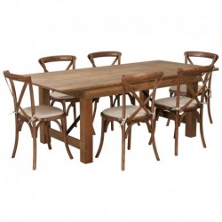 MFO Princeton 7' x 40'' Antique Rustic Folding Farm Table Set with 6 Cross Back Chairs & Cushions
