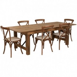 MFO Princeton 8' x 40'' Antique Rustic Folding Farm Table Set with 6 Cross Back Chairs & Cushions