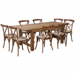 MFO Princeton 7' x 40'' Antique Rustic Folding Farm Table Set with 8 Cross Back Chairs & Cushions