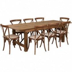 MFO Princeton 8' x 40'' Antique Rustic Folding Farm Table Set with 8 Cross Back Chairs & Cushions