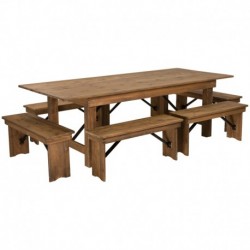 MFO Princeton Collection 8' x 40'' Antique Rustic Folding Farm Table and Six Bench Set