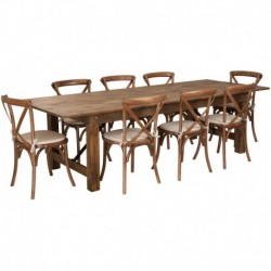 MFO Princeton 9' x 40'' Antique Rustic Folding Farm Table Set with 8 Cross Back Chairs & Cushions