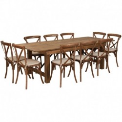 MFO Princeton 8' x 40'' Antique Rustic Folding Farm Table Set with 10 Cross Back Chairs & Cushions