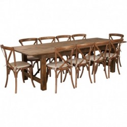 MFO Princeton 9' x 40'' Antique Rustic Folding Farm Table Set with 10 Cross Back Chairs & Cushions
