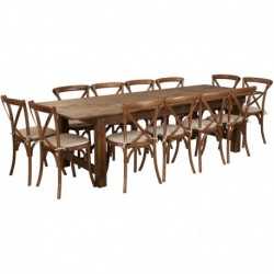 MFO Princeton 9' x 40'' Antique Rustic Folding Farm Table Set with 12 Cross Back Chairs & Cushions