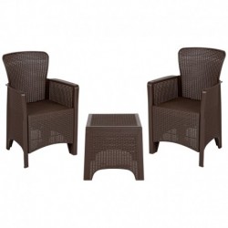 MFO Chocolate Faux Rattan Plastic Chair Set with Matching Side Table