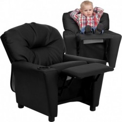 MFO Contemporary Black Leather Kids Recliner with Cup Holder