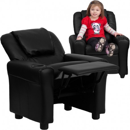MFO Contemporary Black Leather Kids Recliner with Cup Holder and Headrest