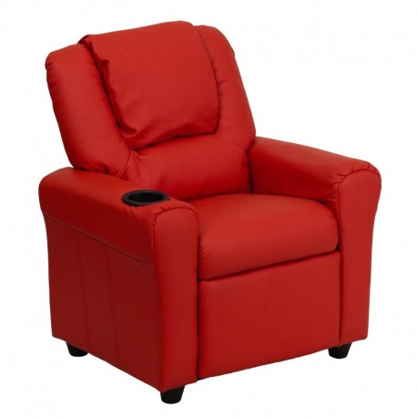 MFO Contemporary Red Vinyl Kids Recliner with Cup Holder and Headrest