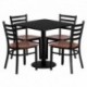 MFO 30'' Square Black Laminate Table Set with 4 Ladder Back Metal Chairs - Cherry Wood Seat