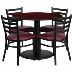 MFO 36'' Round Mahogany Laminate Table Set with 4 Ladder Back Metal Chairs - Burgundy Vinyl Seat