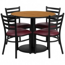 MFO 36'' Round Natural Laminate Table Set with 4 Ladder Back Metal Chairs - Burgundy Vinyl Seat